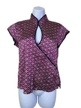 Bilingual Womens Floral Asian inspired Top 8 Purple Short Sleeve Mandarin Collar